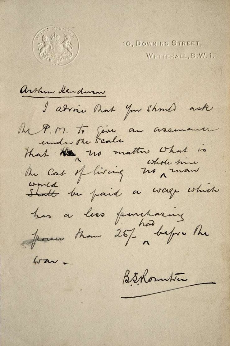 Letter written by Seebohm Rowntree in 1916 urging the PM to observe the Fair Wage