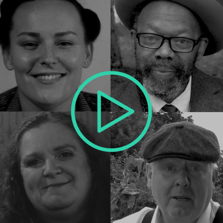 Black and white collage of four close-ups. A young woman with dark hair in a 1940s style, smiling; an older man with a beard and wide-brimmed hat, an older woman with long hair, a man with white hair wearing a flat cap. A bright green "play" video icon is superimposed on top of the images.