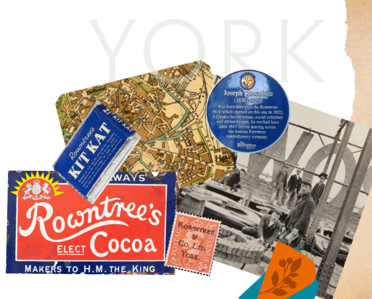 A collage of various images relating to Rowntree history