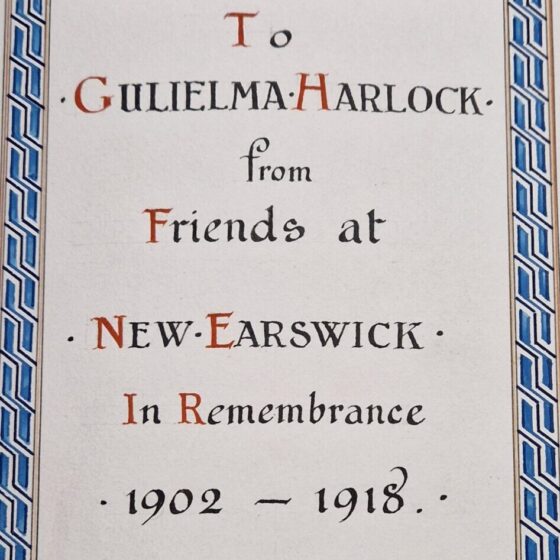 Photo Album dedication: (New Earswick) Photograph Album Presented to Guiliemia Harlock from friends at New Earswick in remembrance, 1902-1918