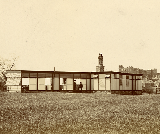 Rear view of an open-air ward at the York Fever Hospital in the 1910s