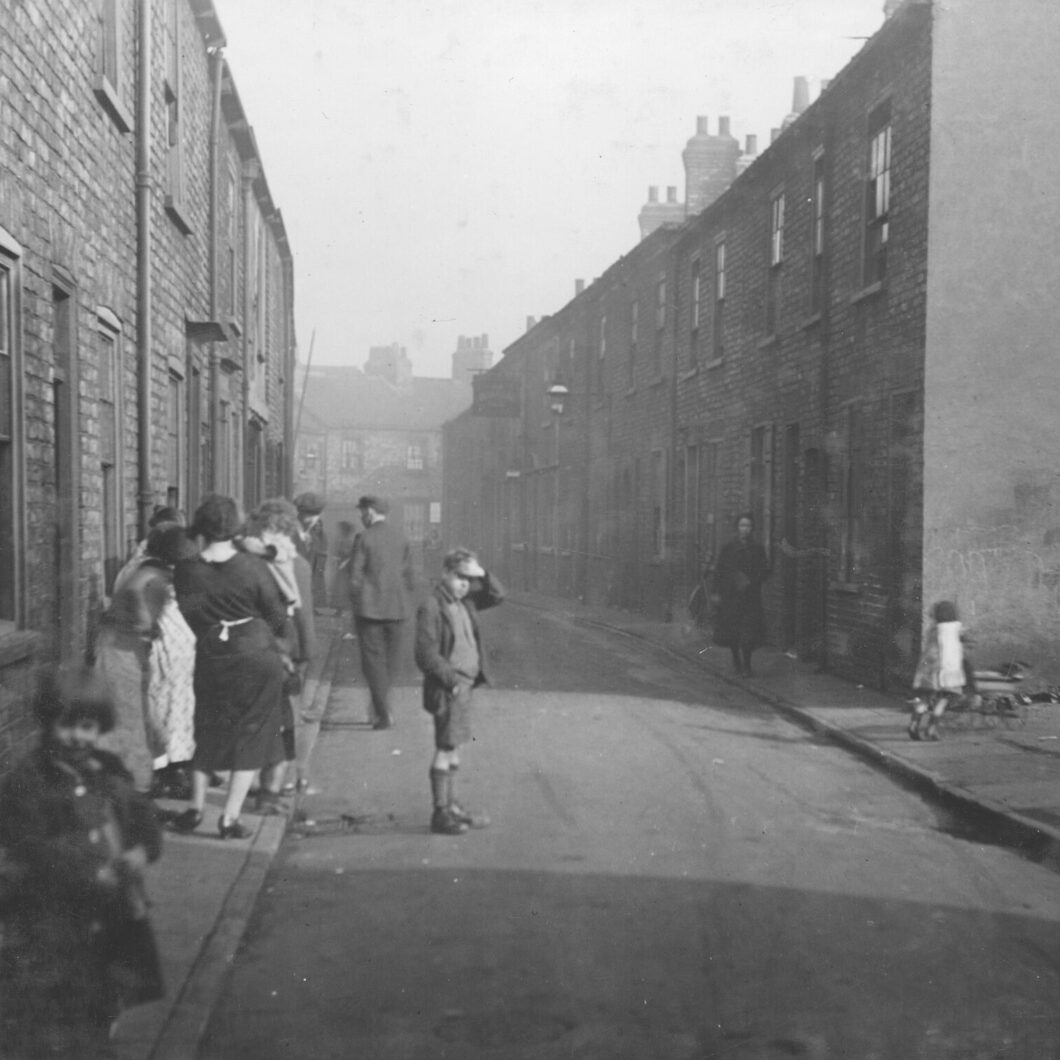 black and white photo of a poverty stricken york street
